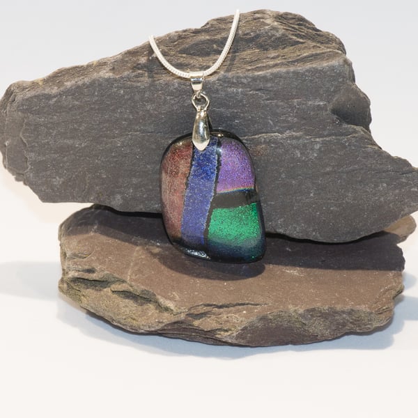 Patchwork Dichroic Glass Pendant with Silver Chain - 1278