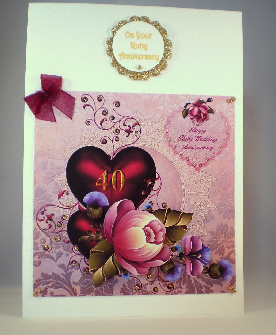 Handmade Ruby Wedding Card,40th Anniversary,Decoupage,Personalise