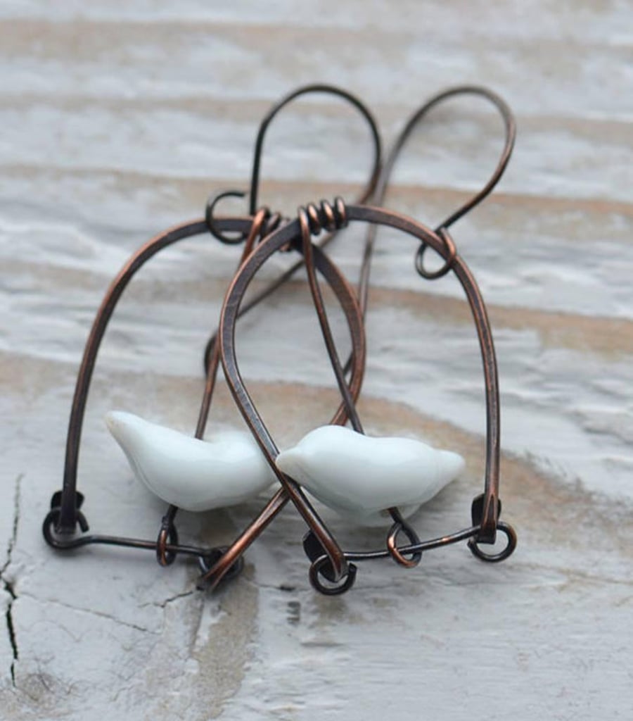Handmade Copper Birdcage Earrings with White Lampwork Bird Beads