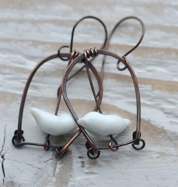 Handmade Copper Birdcage Earrings with White Lampwork Bird Beads