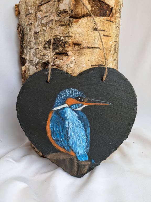 Kingfisher Painting on Hanging Slate Heart