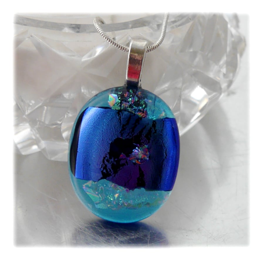 Dichroic Glass Pendant 121 Aqua Blue Shimmer with silver plated chain
