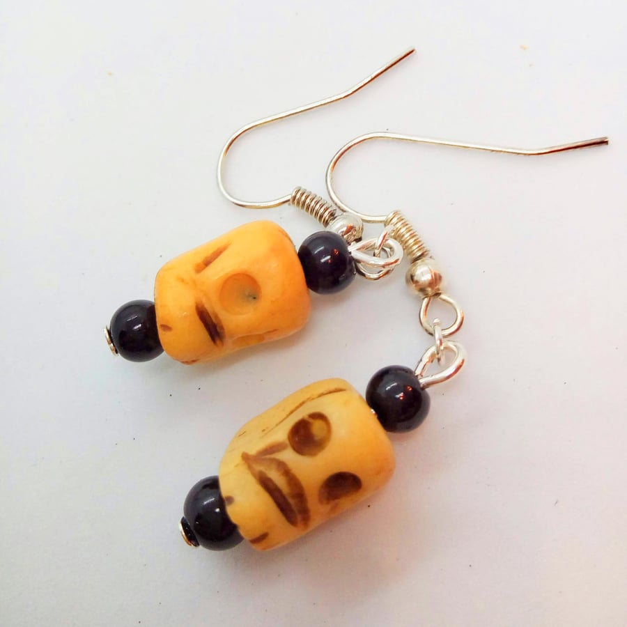 Halloween Bone Skull And Black Bead Earrings, Halloween Earrings, Gift for Her