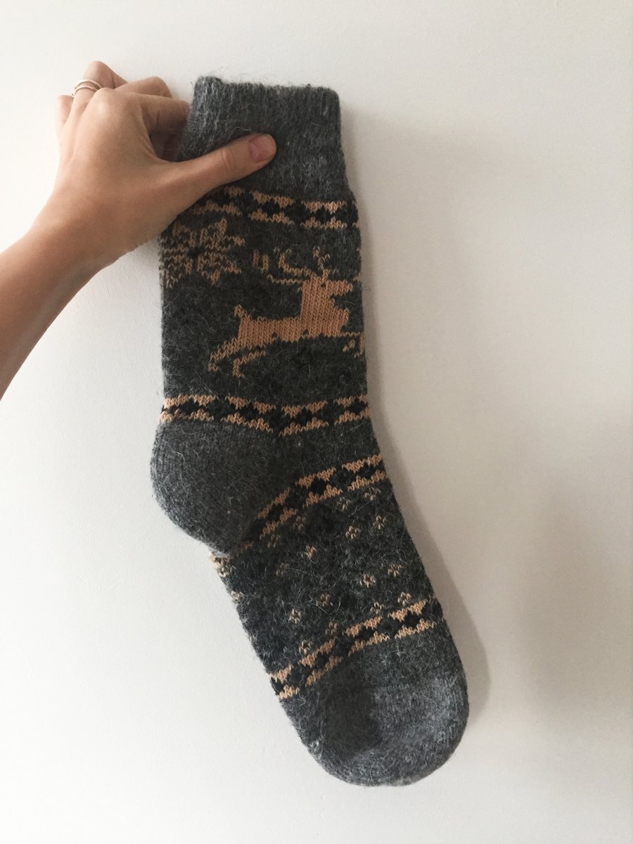  READY TO SHIP Mens Thick Grey Wool Socks Reindeer Buck Winter Fairisle