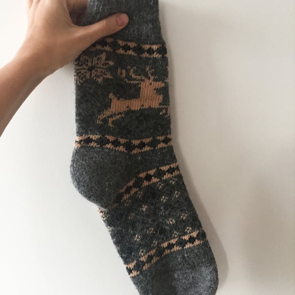  READY TO SHIP Mens Thick Grey Wool Socks Reindeer Buck Winter Fairisle
