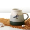 Handmade coastal ceramic seagull mug, green and white pottery