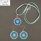 Teal and Navy Blue Glass Bead Pendant and Earrings Set