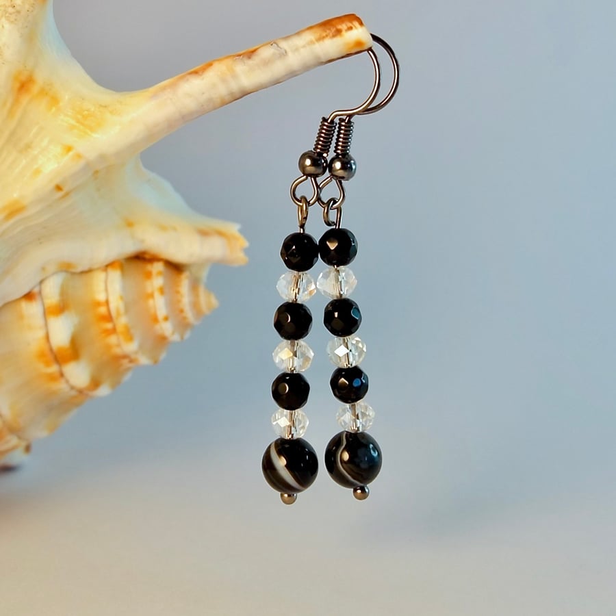 Black Onyx Earrings With Faceted Crystals - Birthday, Anniversary, Gifts For Her
