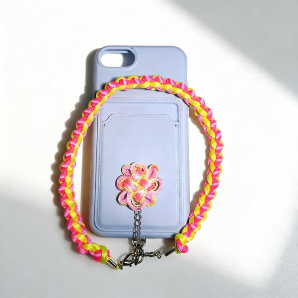 Pink & Yellow Macrame Phone Strap with Auspicious Knot Charm