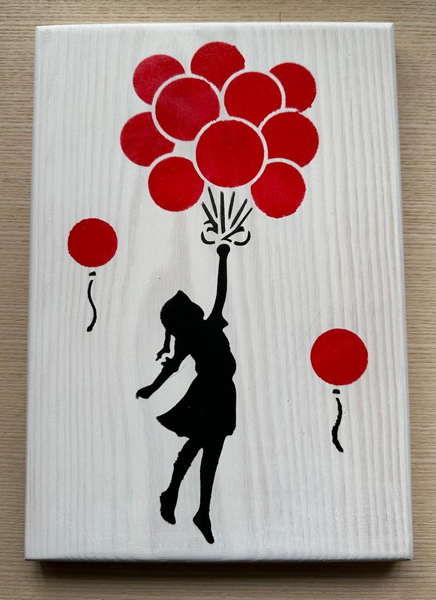 Girl Flying Balloons Stencil Wood Art