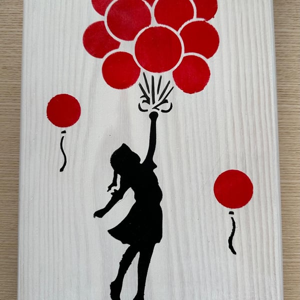 Girl Flying Balloons Stencil Wood Art