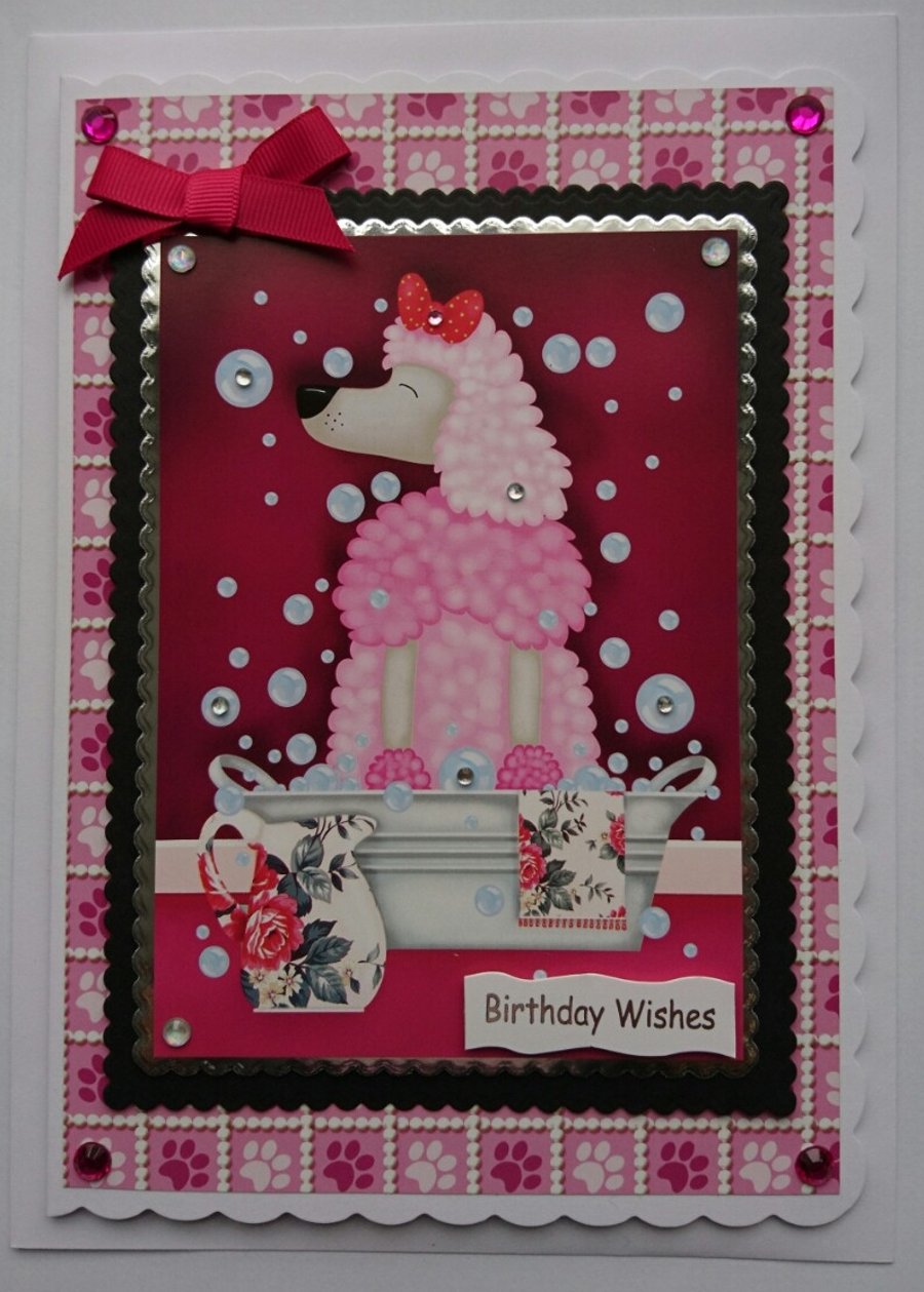 Poodle Birthday Card Soap Suds Bath Pink Pampered Dog 3D Luxury Handmade