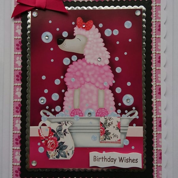 Poodle Birthday Card Soap Suds Bath Pink Pampered Dog 3D Luxury Handmade