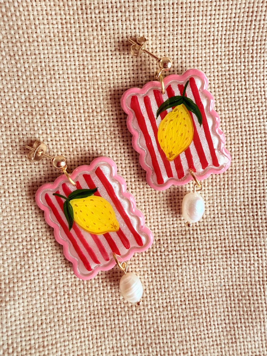 Fun Lemon Citrus Summer Stripe Pearl Earrings