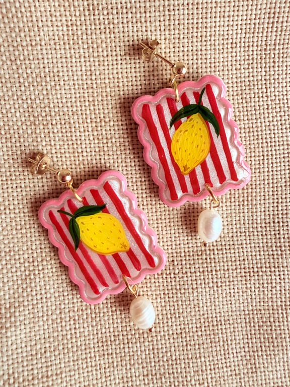 Fun Lemon Citrus Summer Stripe Pearl Earrings