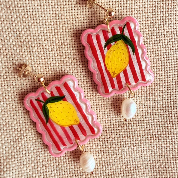 Fun Lemon Citrus Summer Stripe Pearl Earrings