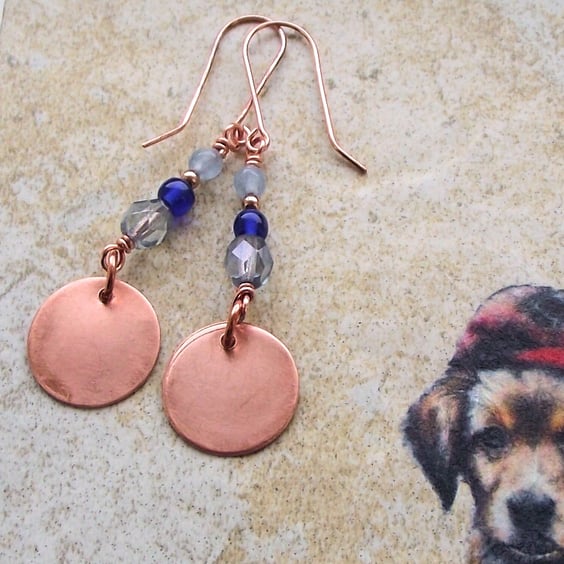 Copper earrings with blue Czech fire polish and jade beads handmade