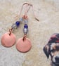 Copper earrings with blue Czech fire polish and jade beads handmade