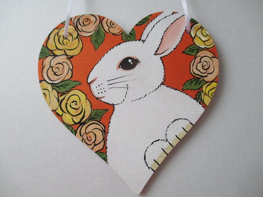 SALE Bunny Rabbit Wooden Hanging Heart Decoration Painting Flower Picture Rose