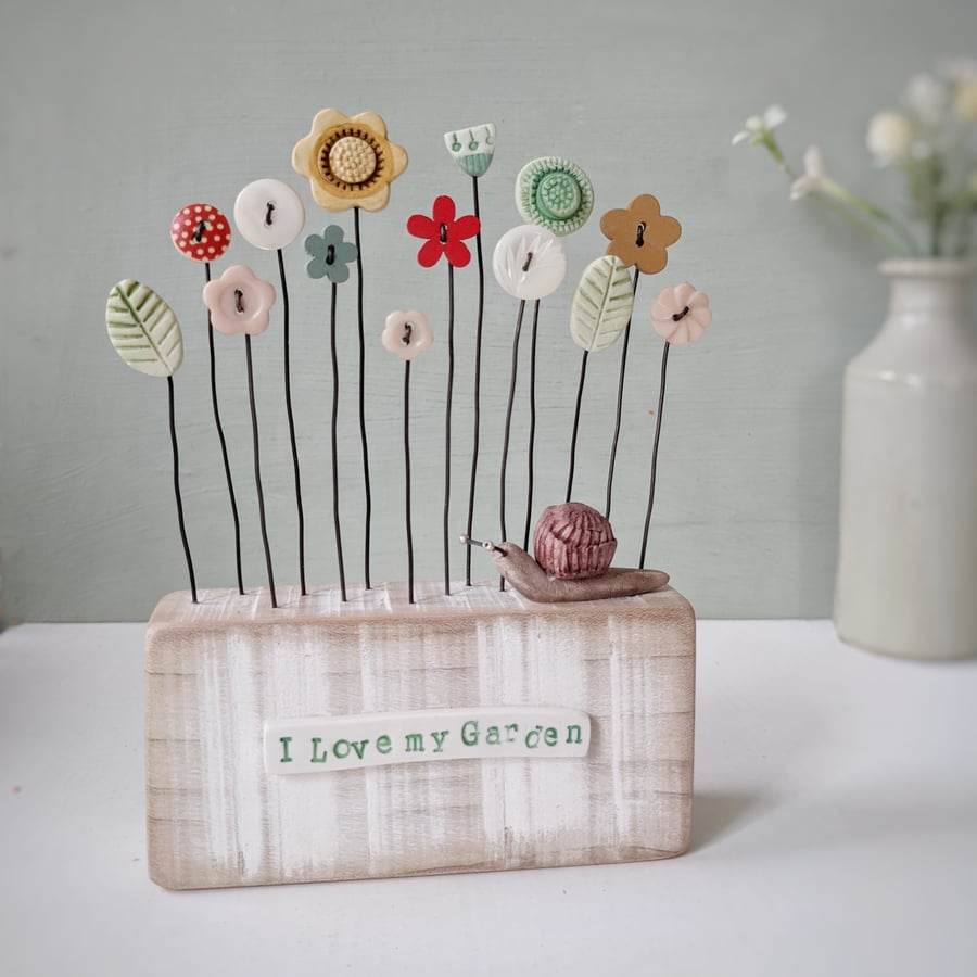 Clay and Button Flower Garden with Snail 'I Love my Garden'