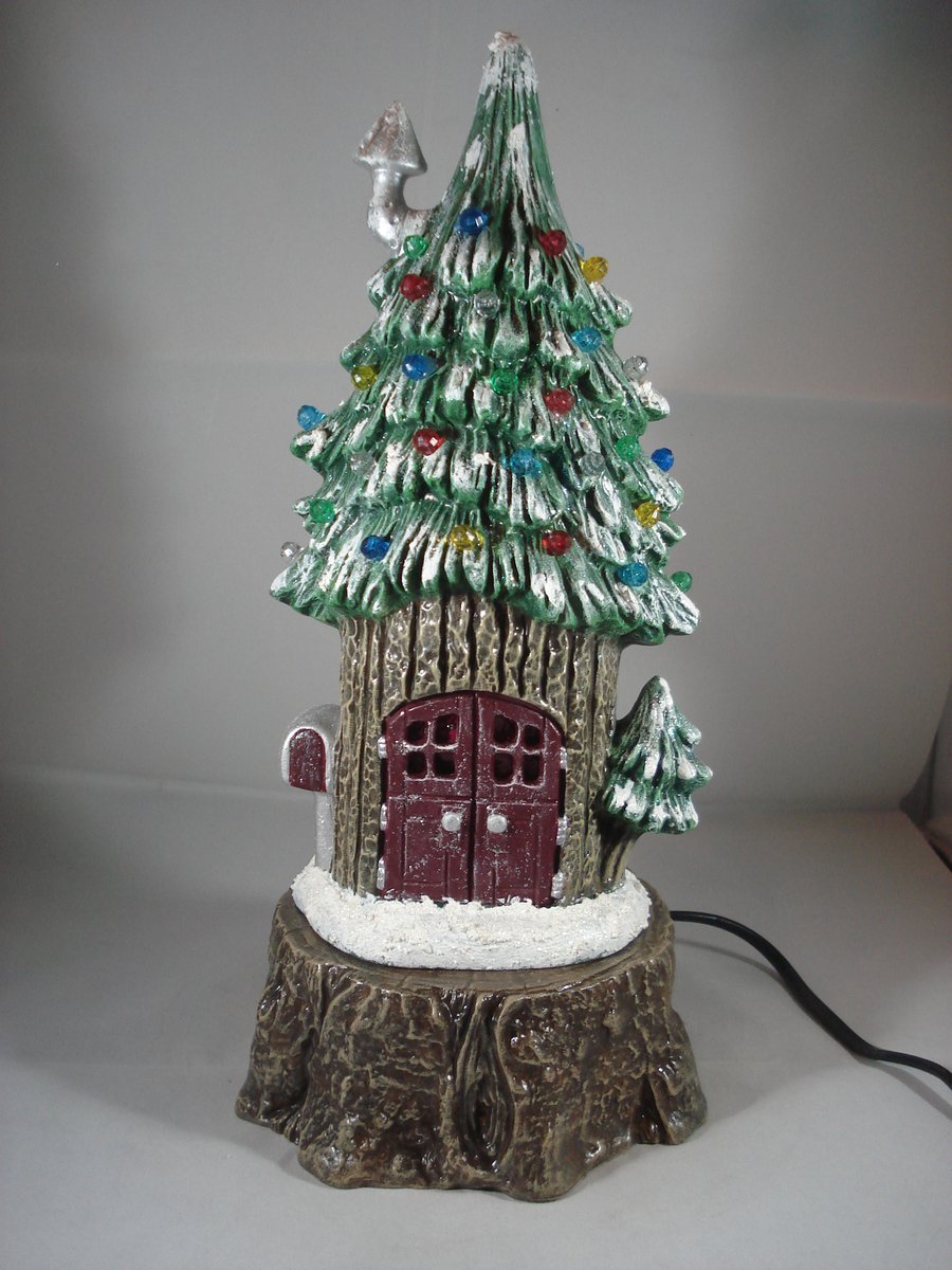 Woodland Fairy Ceramic Winter Christmas Conifer Cottage Table Lamp Decoration.  