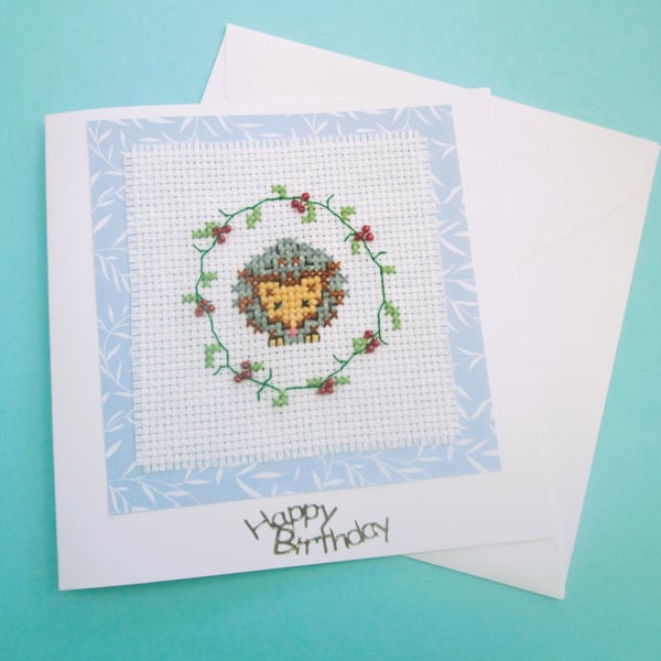 Cute hedgehog cross stitch birthday card