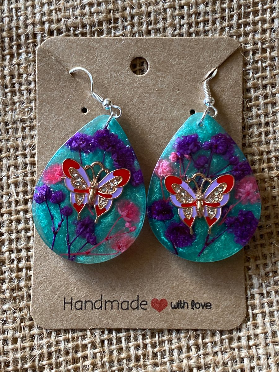 Handmade Large Teardrop Butterfly Earrings And Real Dried Flowers