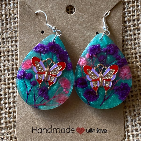 Handmade Large Teardrop Butterfly Earrings And Real Dried Flowers