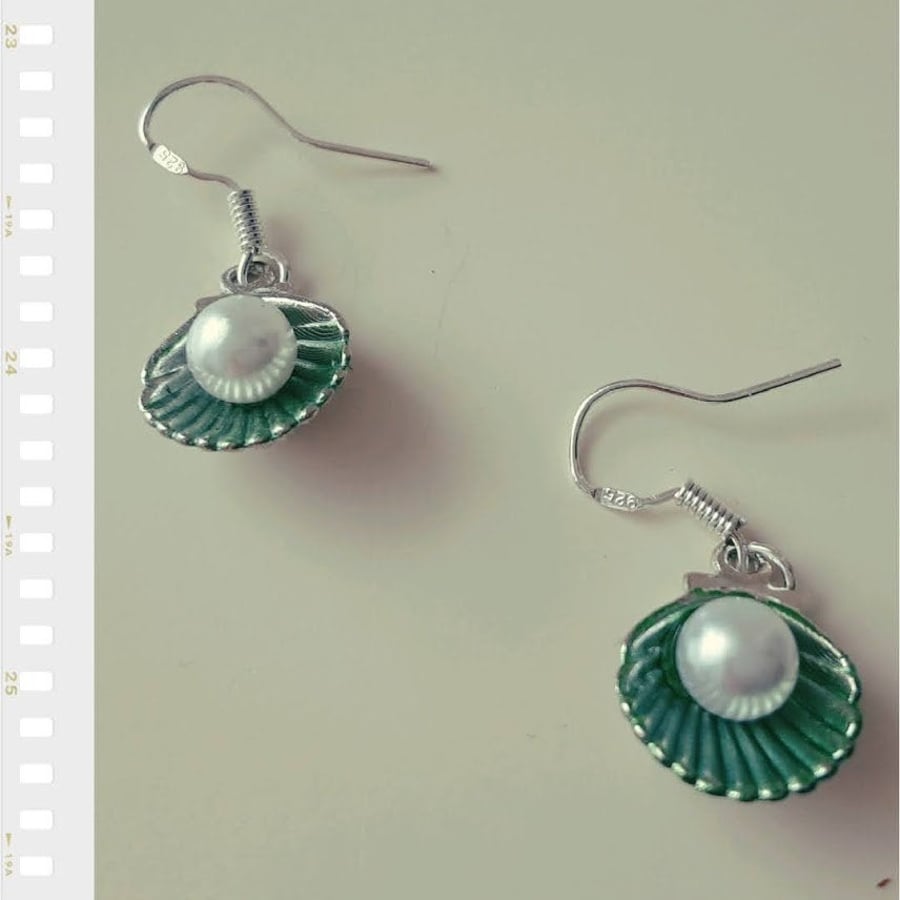 Hand Crafted Sea Green Seashell Pearl Earrings with Real Silver Hooks Non Allerg
