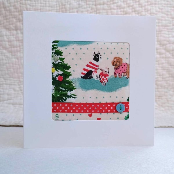 Dogs Christmas card, hand embroidered upcycled fabric