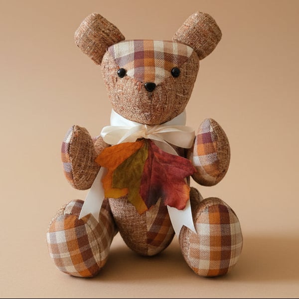 Custom Handmade Teddy Bear -  Seasonal Autumn Print with Bow