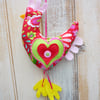 Hanging Chicken Decoration Bright Red Floral Fabric Handmade GIft