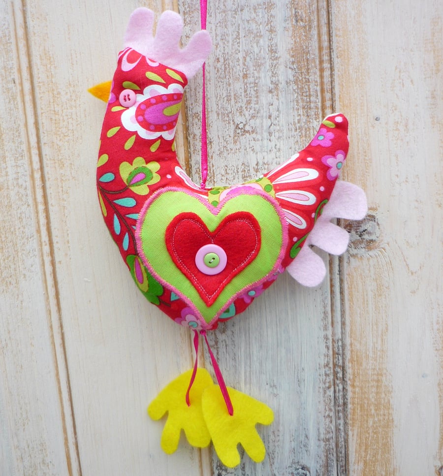 Hanging Chicken Decoration Bright Red Floral Fabric Handmade GIft
