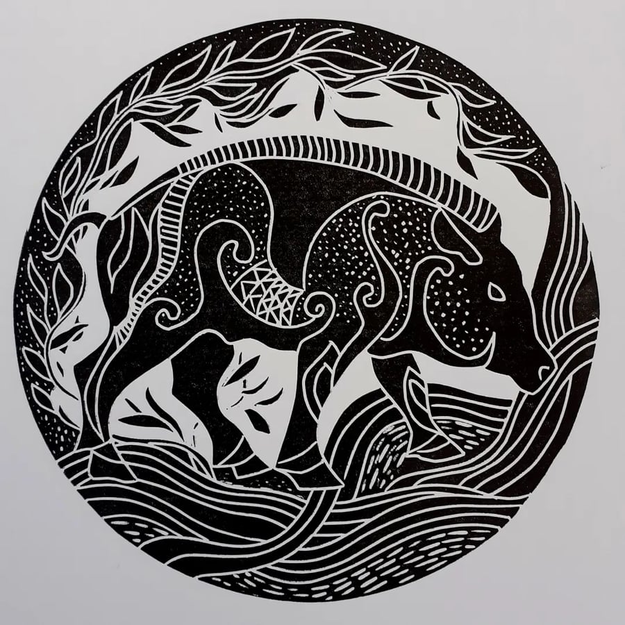 Celtic Boar, black and white linocut.