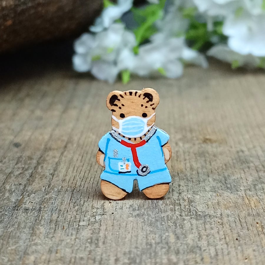 Doctor Pin, Handmade Tiny Nurse Teddy Bear Brooch, Personalised Medical Gift