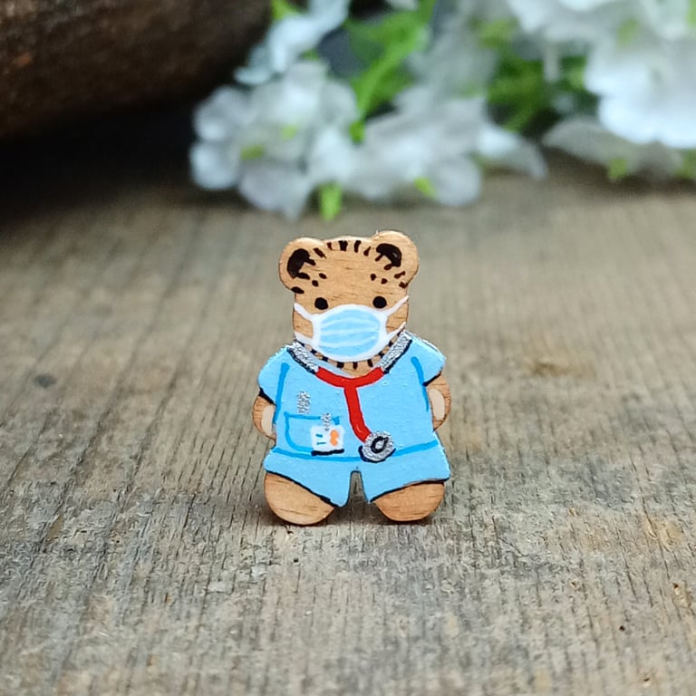 Doctor Pin, Handmade Tiny Nurse Teddy Bear Brooch, Personalised Medical Gift