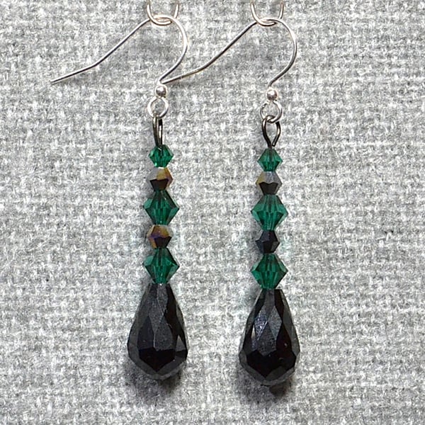 Black and Emerald Green Glass Crystal Dangle Earrings