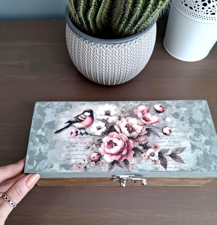 Wooden Jewellery Box with Three Compartments Decoupaged & Hand Painted Storage