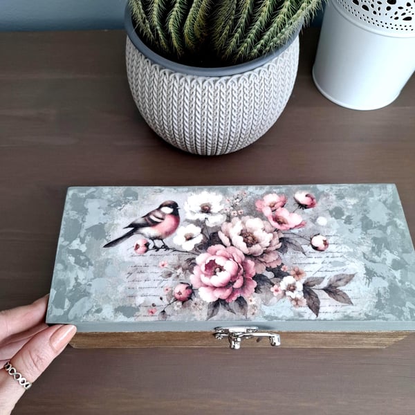 Wooden Jewellery Box with Three Compartments Decoupaged & Hand Painted Storage