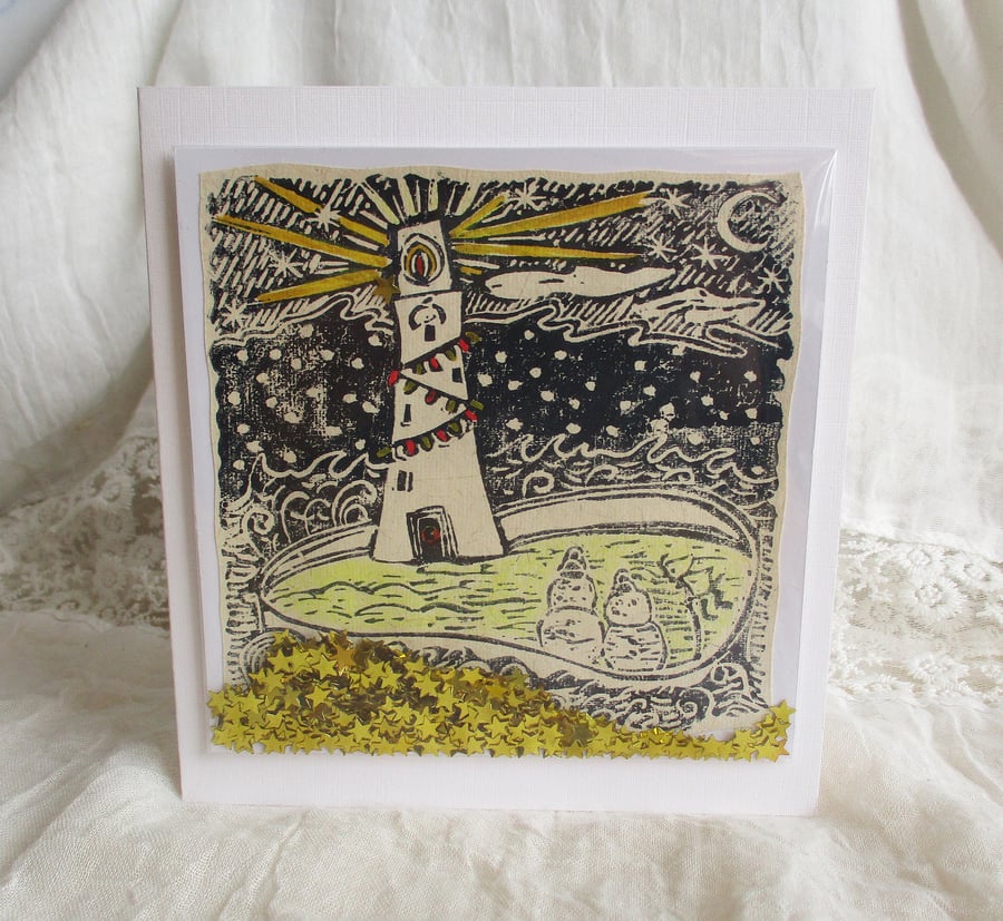 Handprinted Christmas Shaker Card (with Glitter Stars) with Original Linocut