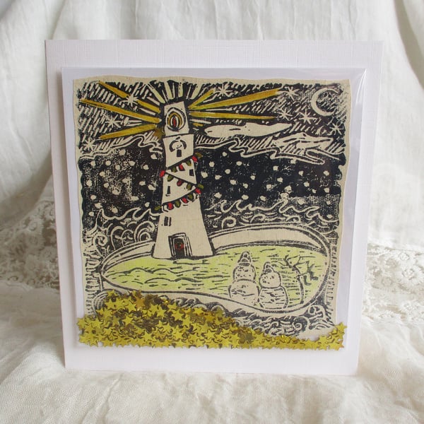 Handprinted Christmas Shaker Card (with Glitter Stars) with Original Linocut