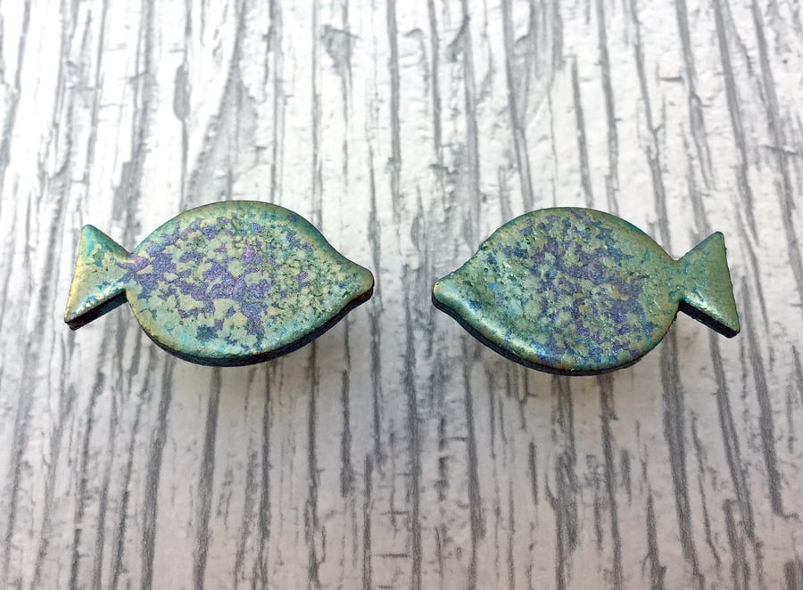Aqua and blue-purple  wooden fish stud earrings