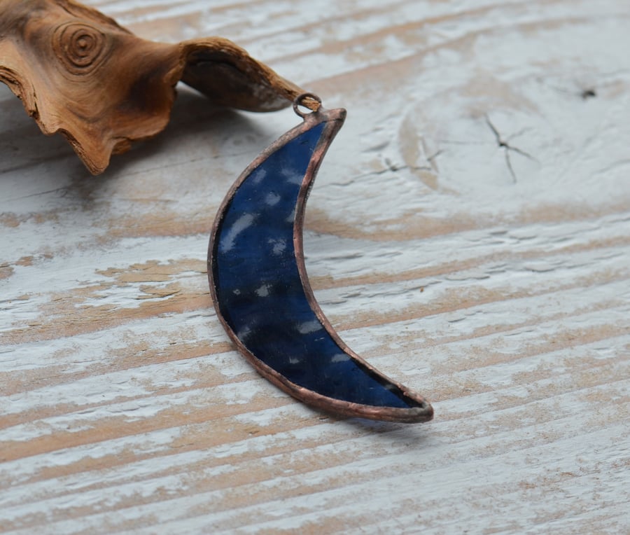 Handmade Stained Glass Moon Pendant Navy Blue