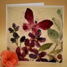 Blank Greetings Card, Pink Butterfly, Purple periwinkle flowers, no message. 