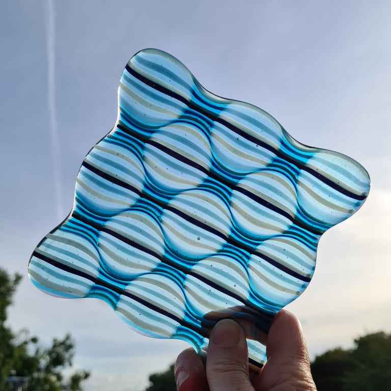Medium fused glass blue striped dish