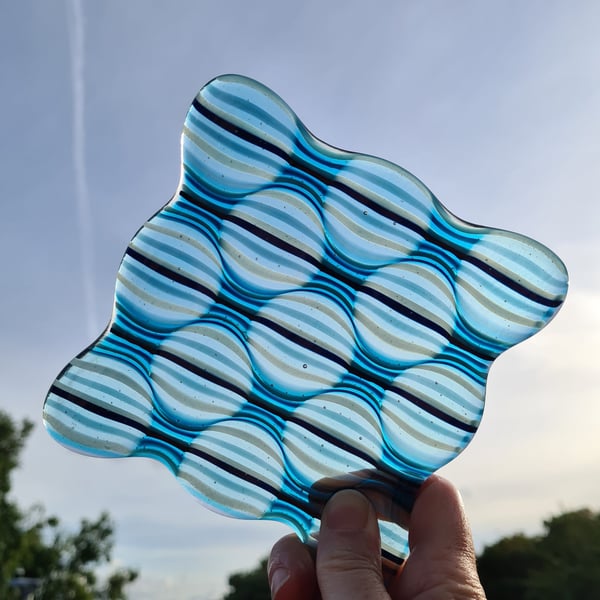 Medium fused glass blue striped dish