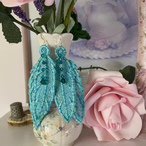 Feather Turquoise Lace Earrings with Elements Crystals PB5