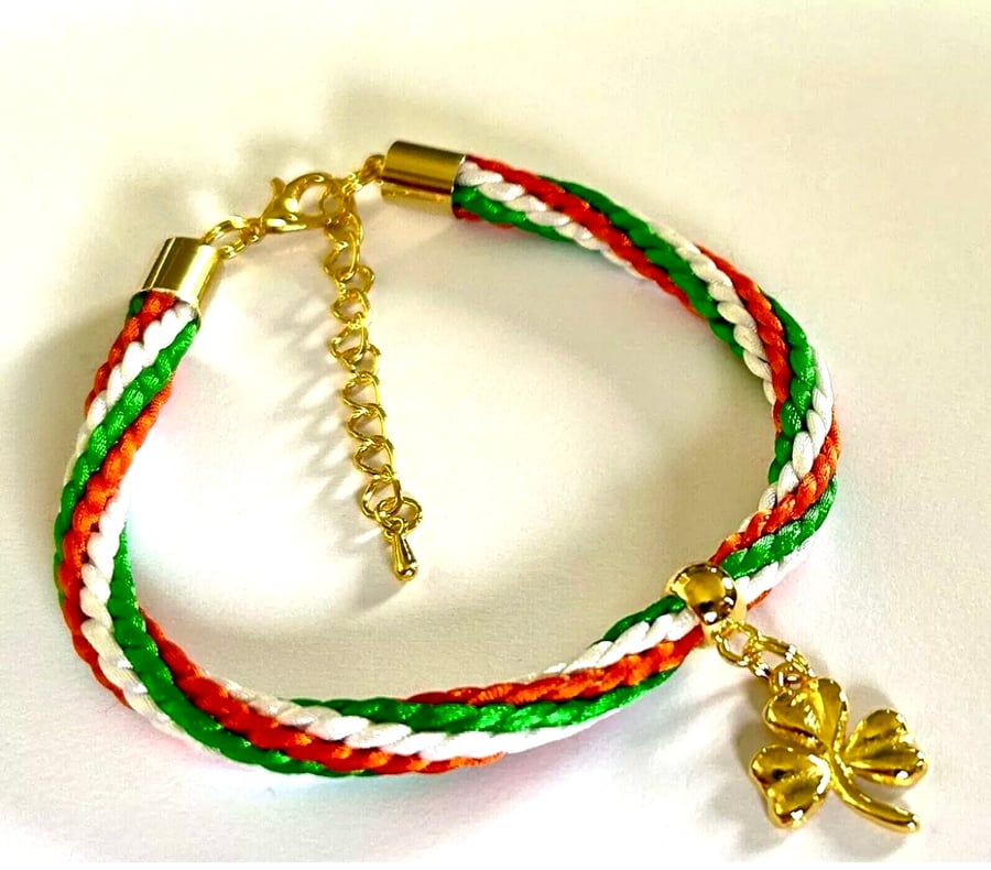 Gold Tone (19x15mm) Shamrock on Green, White & Gold Kumihimo Bracelet. 4 sizes