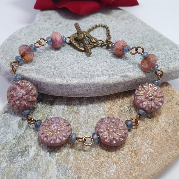 Deep rose pink Dahlia Czech glass flower bead bracelet 