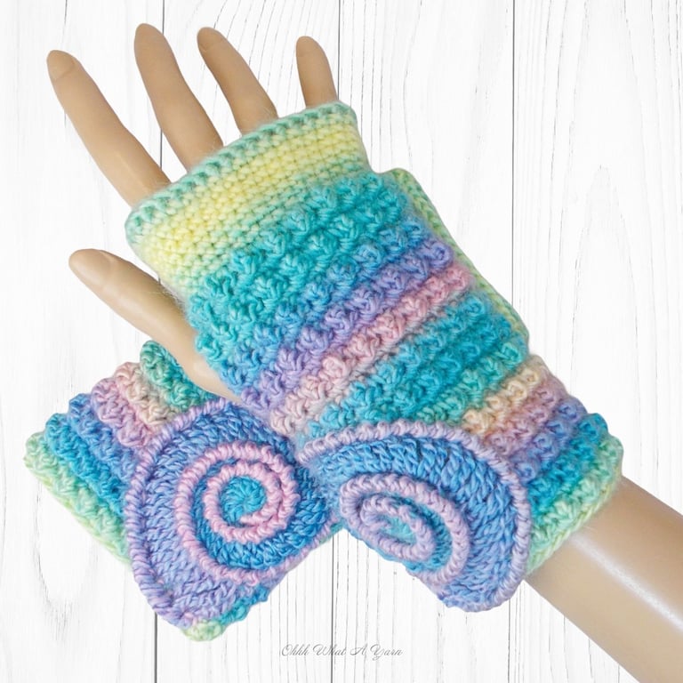 Crochet gloves. Pastel rainbow ammonite ladies gloves. Fingerless gloves.  